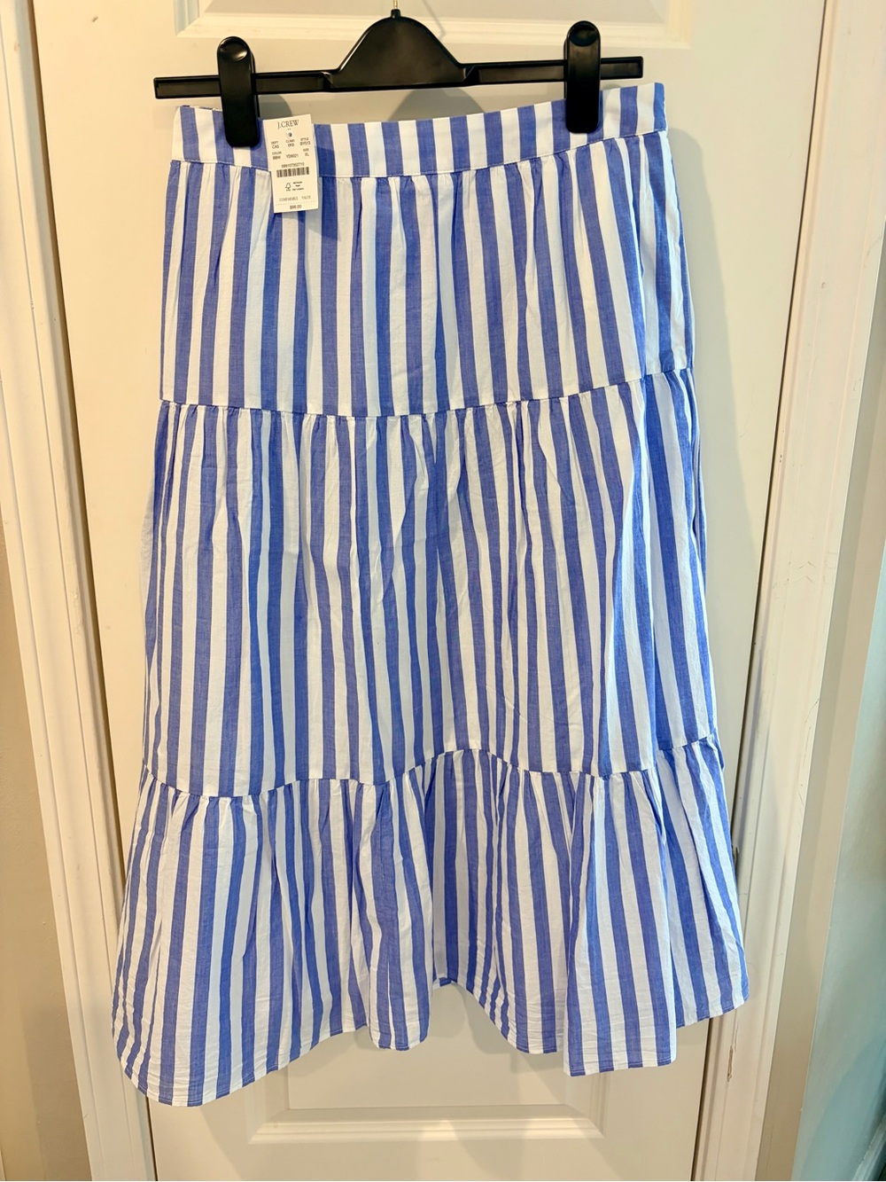J. Crew Blue and White Striped Tiered Midi Skirt